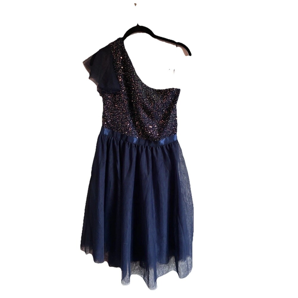 Dress Tells Navy Blue One Shoulder Sequin Party Cocktail Dress Size Small